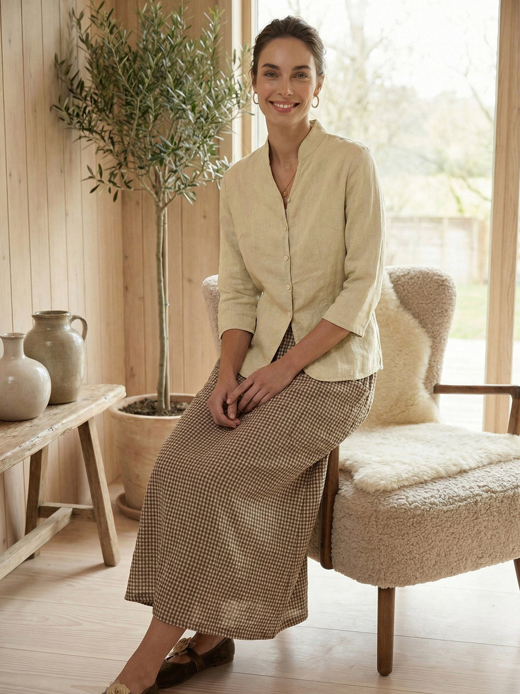 100% Linen Stand-Collar Half-Sleeve Fitted Jacket AMELIA