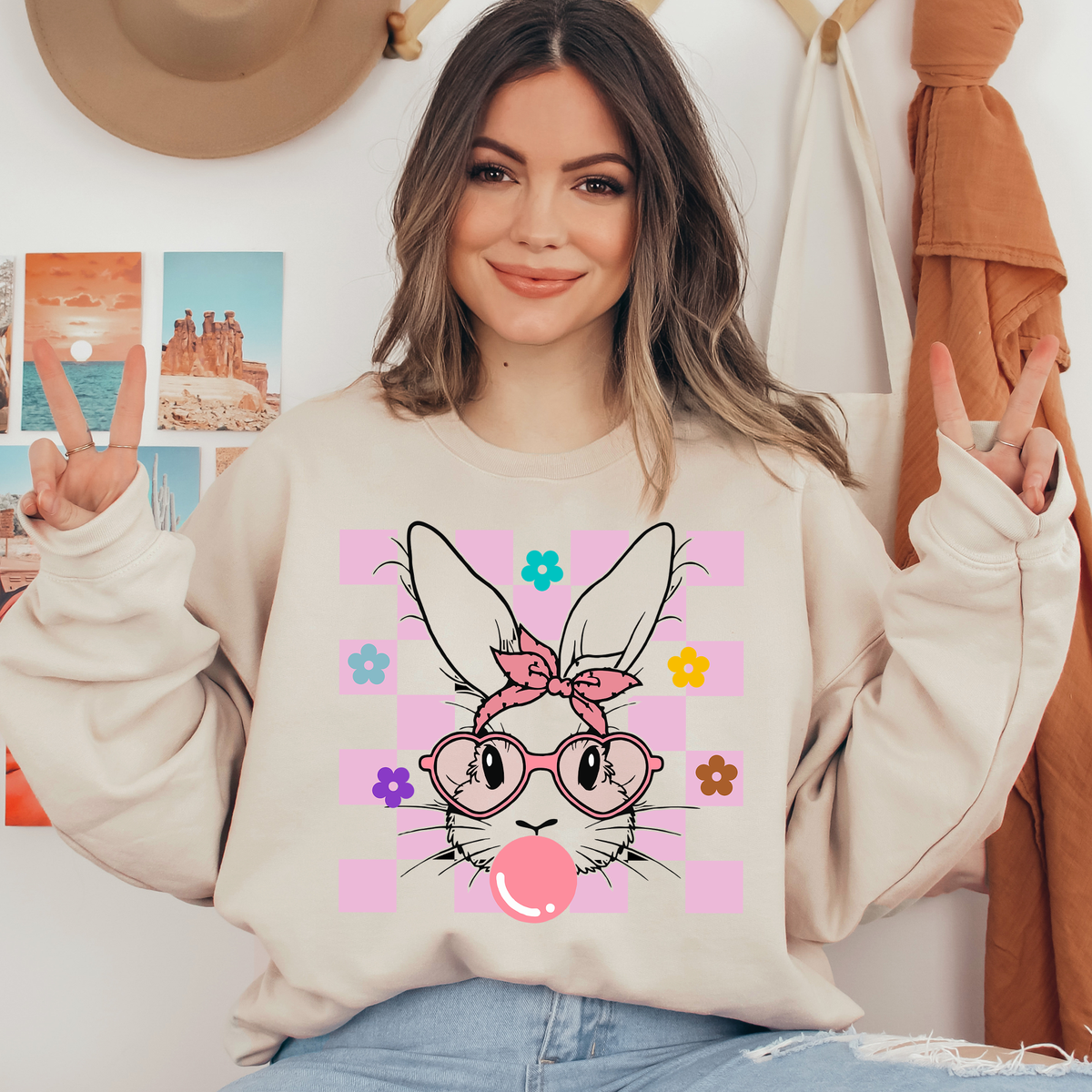 Cartoon Easter Bunny Pink Ready To Press DTF Transfers, DTF Hot Peel