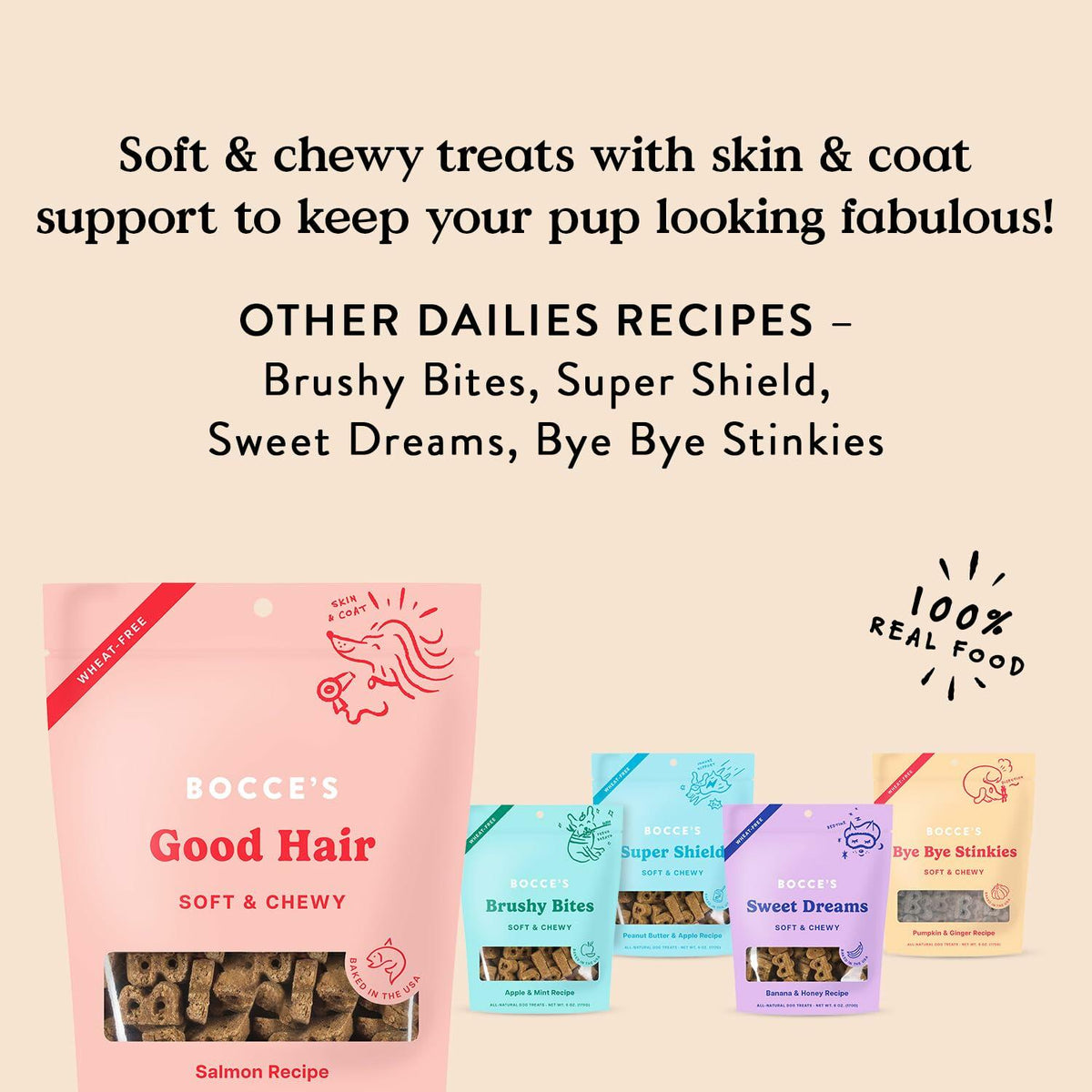 BestBy01/25 Bocce's Bakery Good Hair Dog Treats Salmon 6oz Soft Chewy Wheat-Free